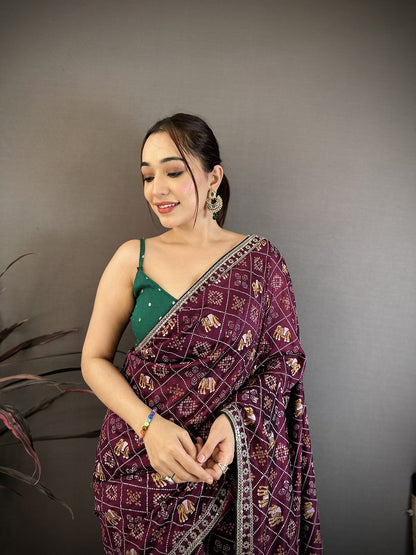 Elora Wine Vichitra Silk Animal Motifs Foil Print Sequence & Zari Embroidery Work Bandhani Saree