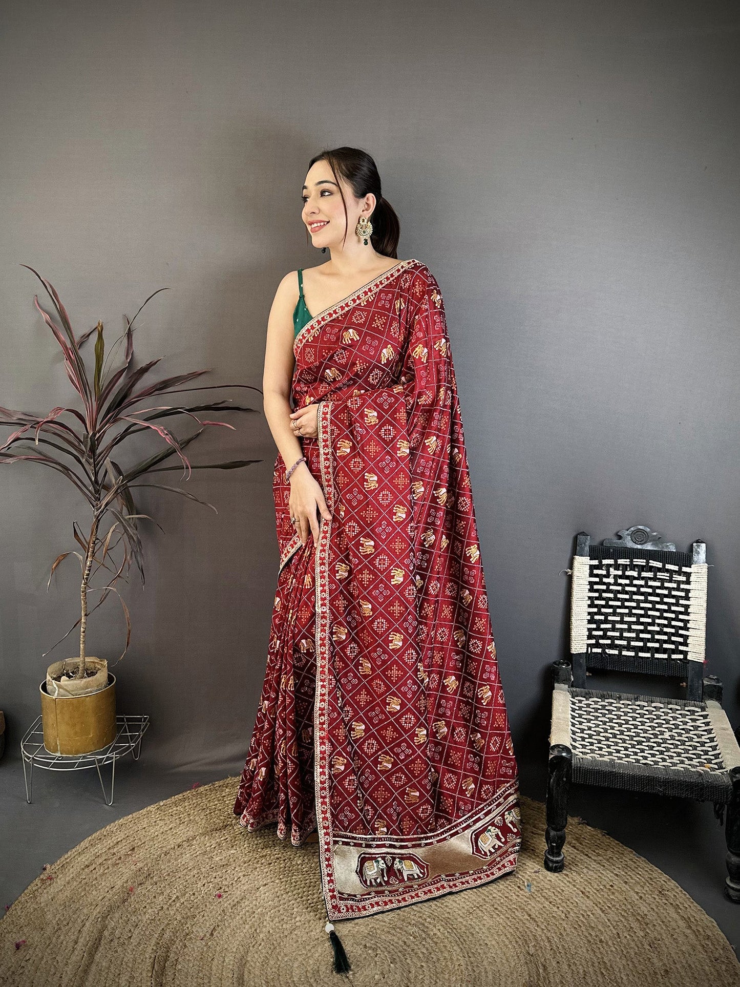 Elora Maroon Vichitra Silk Animal Motifs Foil Print Sequence & Zari Embroidery Work Bandhani Saree