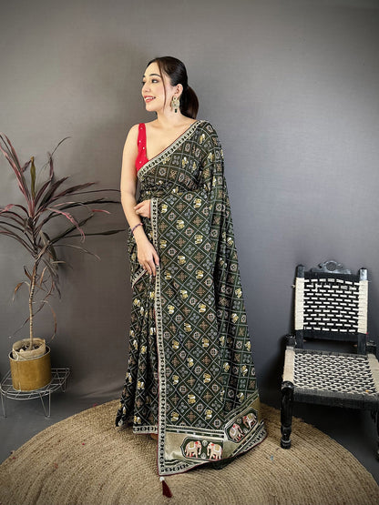 Elora Dark Green Vichitra Silk Animal Motifs Foil Print Sequence Embroidery Work Bandhani Saree