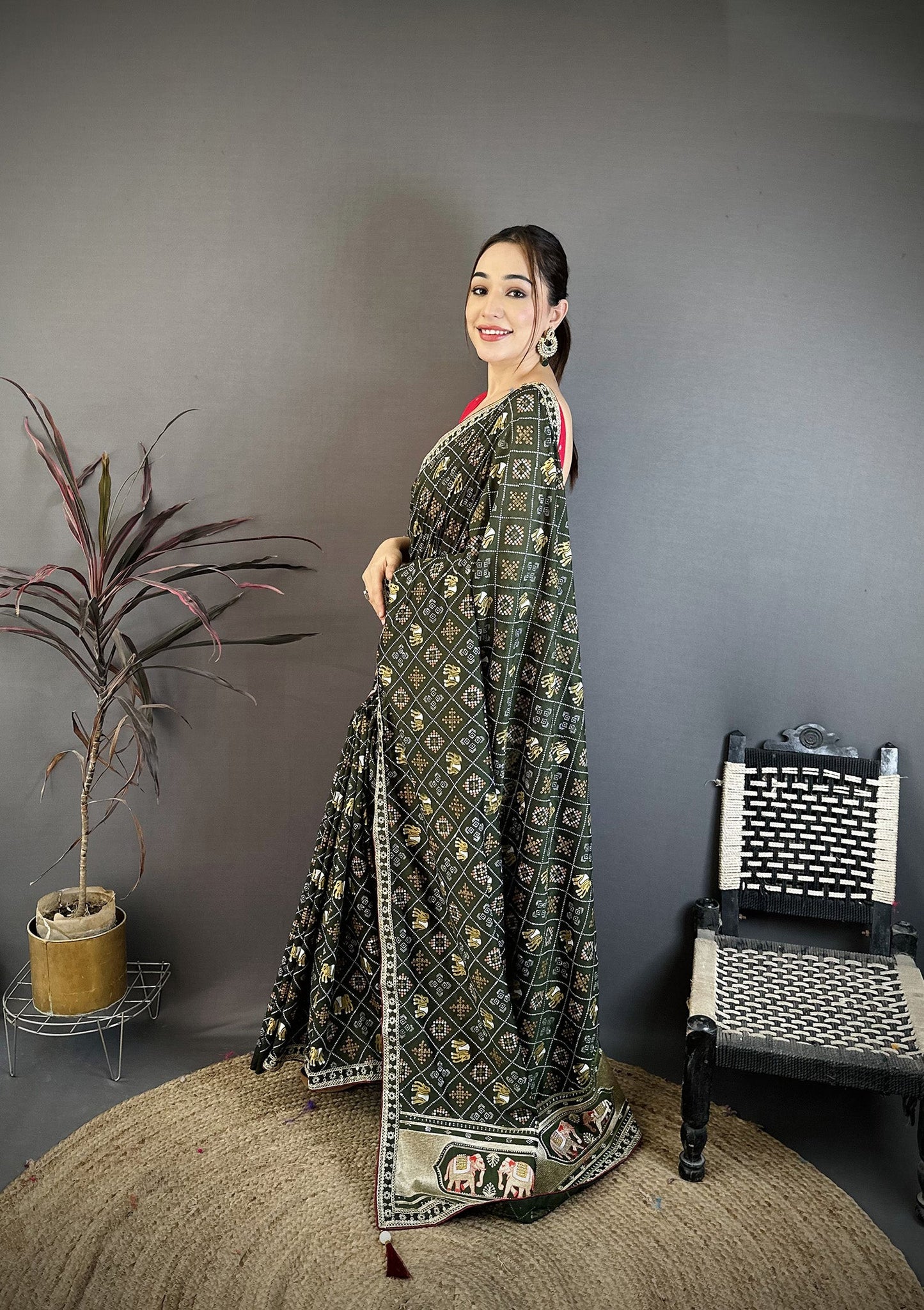 Elora Dark Green Vichitra Silk Animal Motifs Foil Print Sequence Embroidery Work Bandhani Saree