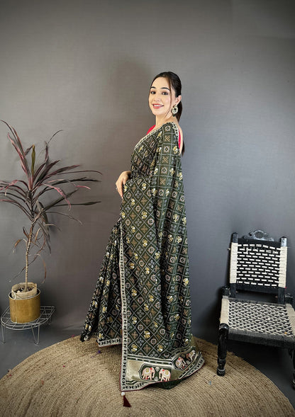 Elora Dark Green Vichitra Silk Animal Motifs Foil Print Sequence Embroidery Work Bandhani Saree