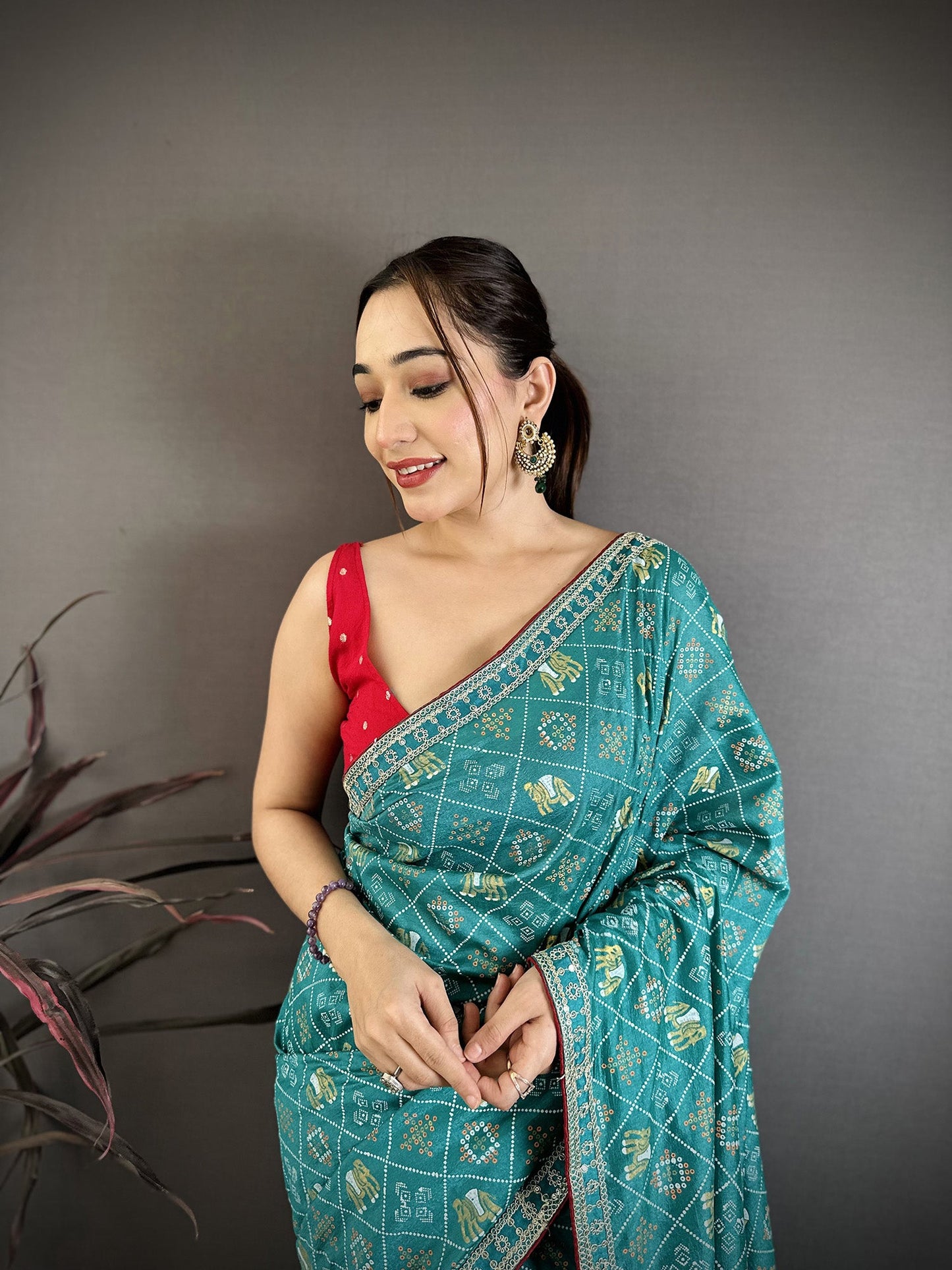 Elora Rama Green Vichitra Silk Animal Motifs Foil Print Sequence Embroidery Work Bandhani Saree