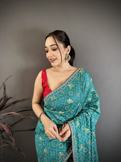 Elora Rama Green Vichitra Silk Animal Motifs Foil Print Sequence Embroidery Work Bandhani Saree