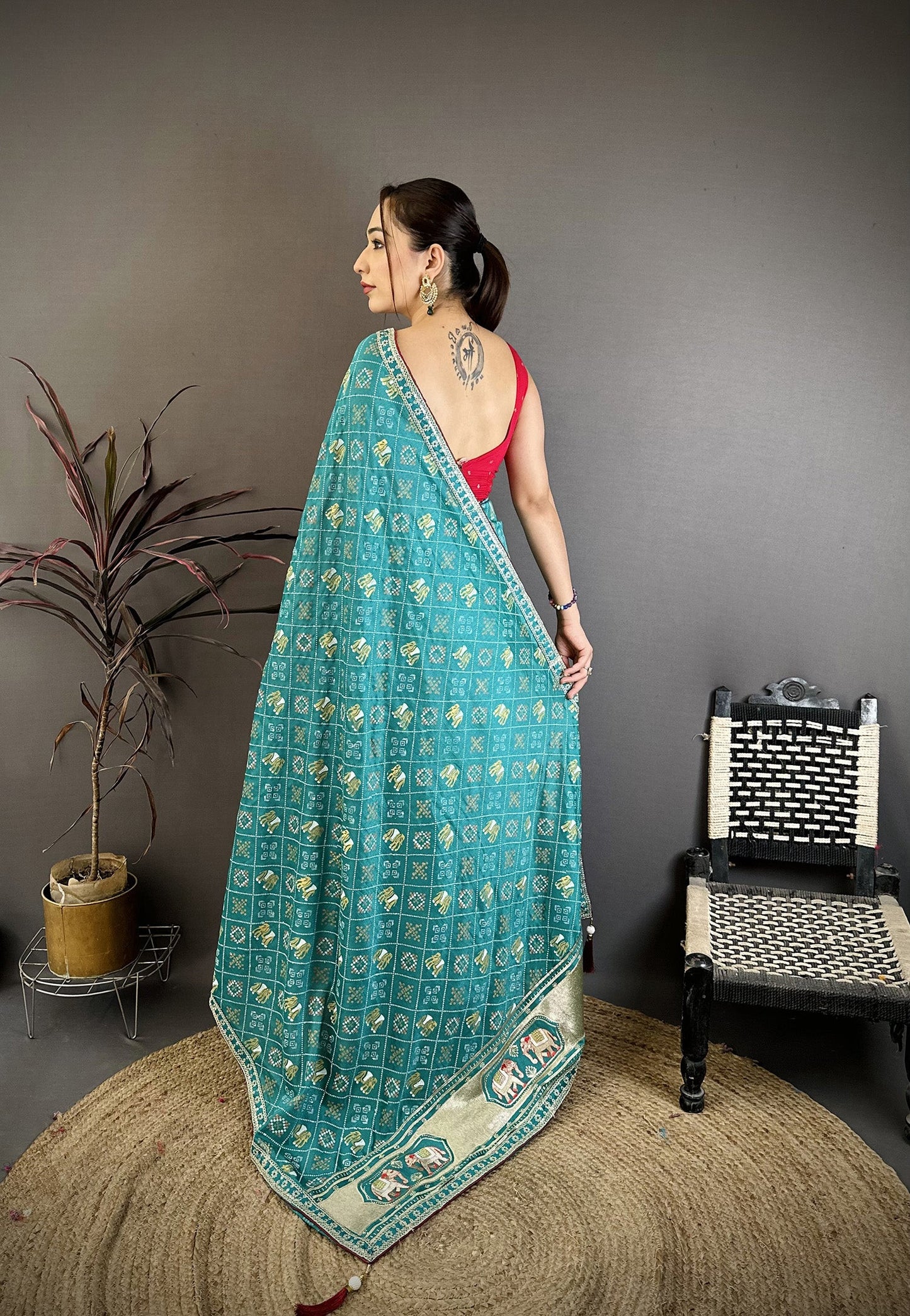Elora Rama Green Vichitra Silk Animal Motifs Foil Print Sequence Embroidery Work Bandhani Saree