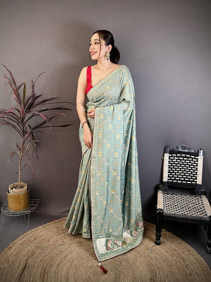 Elora Sea Green Vichitra Silk Animal Motif Foil Print Sequence Embroidery Work Bandhani Saree