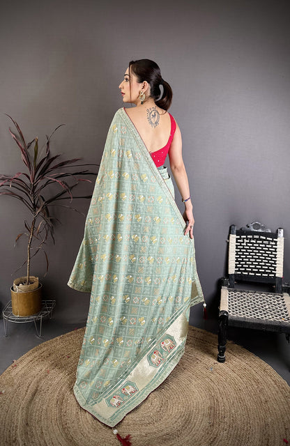 Elora Sea Green Vichitra Silk Animal Motif Foil Print Sequence Embroidery Work Bandhani Saree