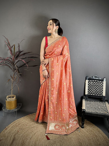 Elora Peach Vichitra Silk Animal Motifs Foil Print Sequence & Zari Embroidery Work Bandhani Saree
