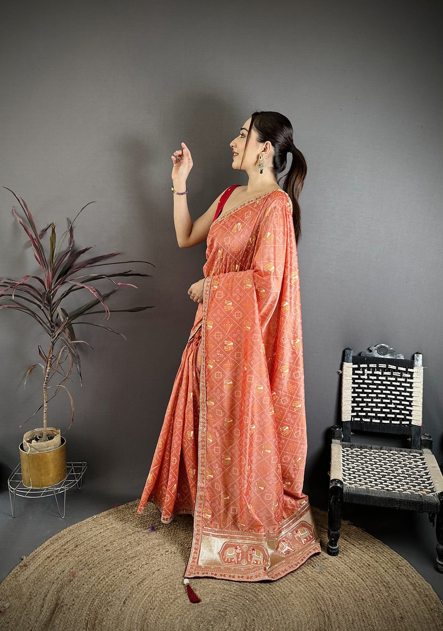 Elora Peach Vichitra Silk Animal Motifs Foil Print Sequence & Zari Embroidery Work Bandhani Saree