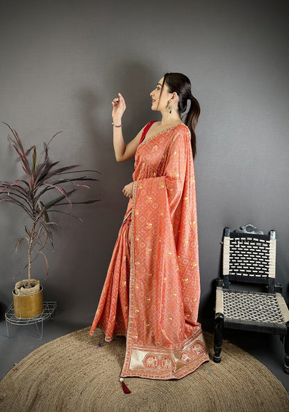 Elora Peach Vichitra Silk Animal Motifs Foil Print Sequence & Zari Embroidery Work Bandhani Saree