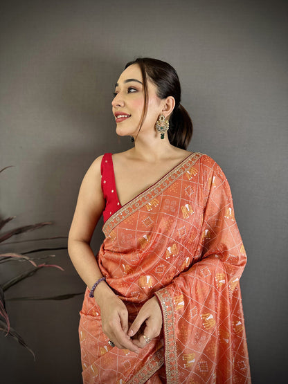 Elora Peach Vichitra Silk Animal Motifs Foil Print Sequence & Zari Embroidery Work Bandhani Saree