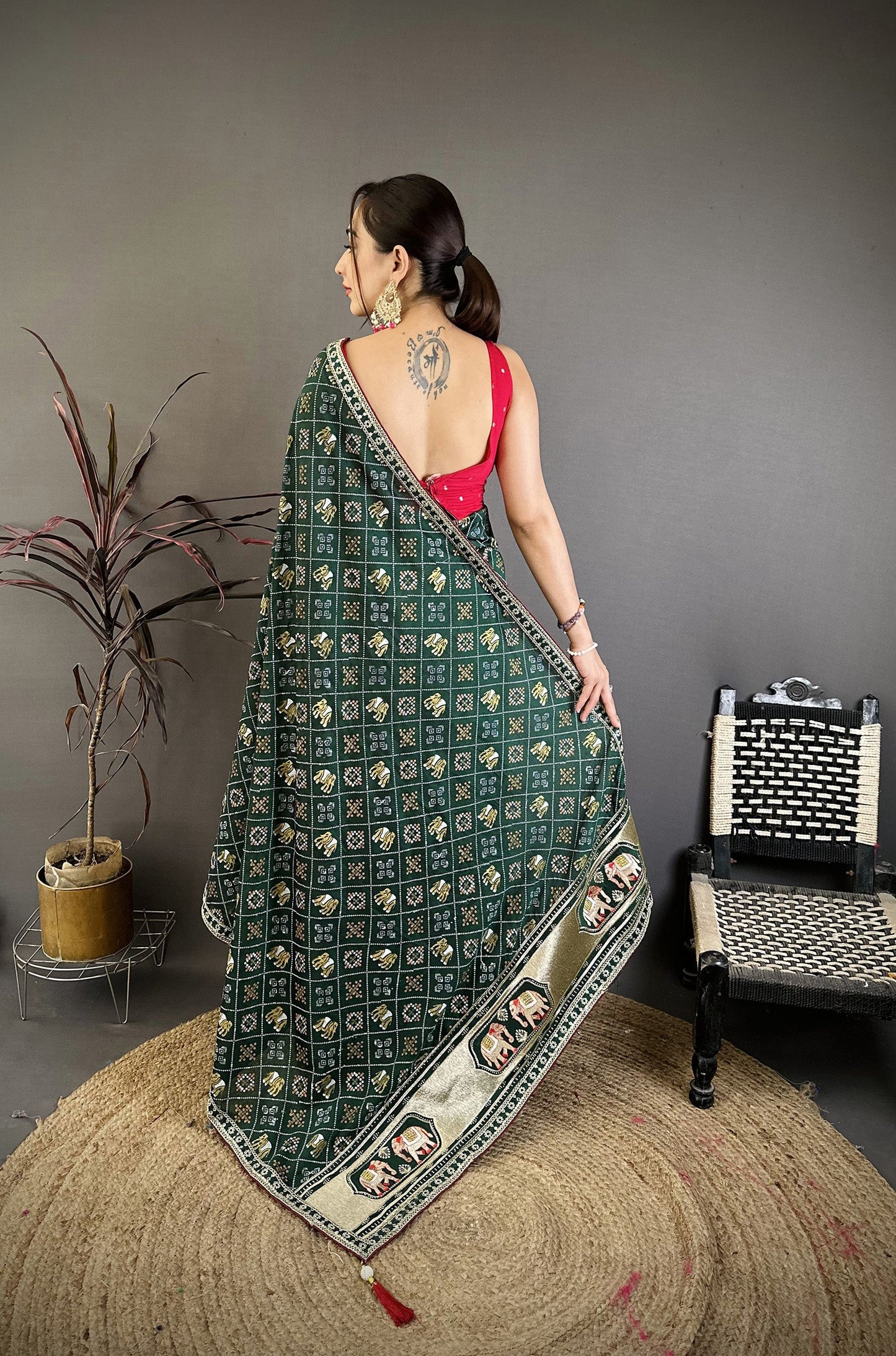 Elora Green Vichitra Silk Animal Motifs Foil Print Sequence & Zari Embroidery Work Bandhani Saree