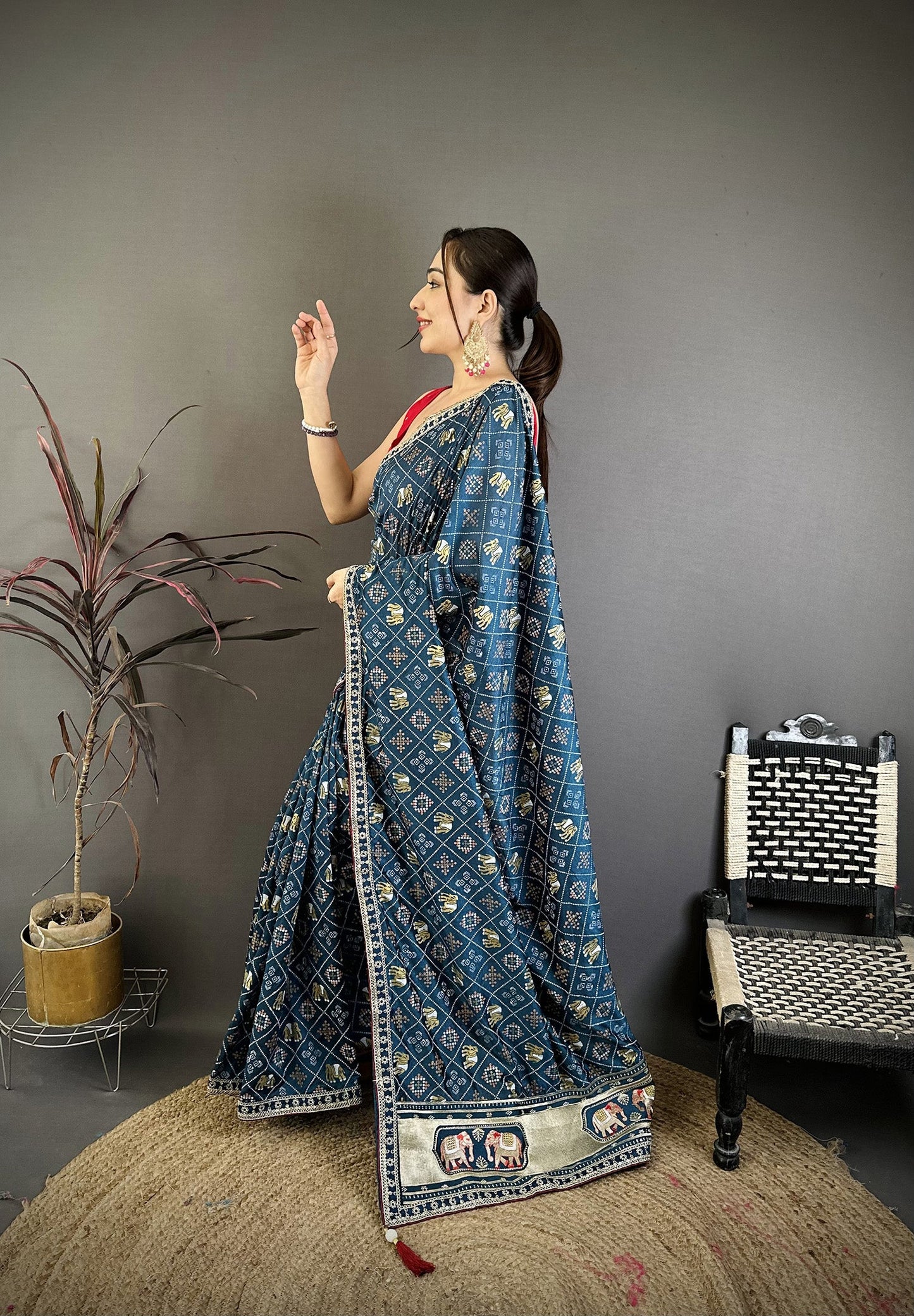 Elora Blue Vichitra Silk Animal Motifs Foil Print Sequence & Zari Embroidery Work Bandhani Saree