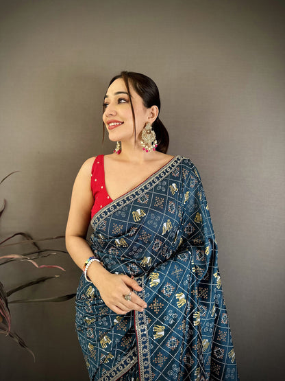Elora Blue Vichitra Silk Animal Motifs Foil Print Sequence & Zari Embroidery Work Bandhani Saree