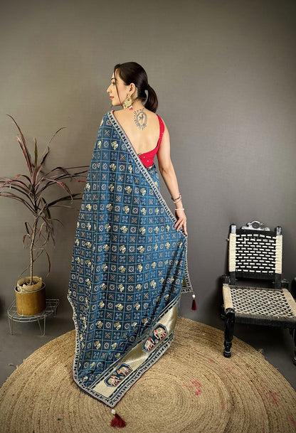 Elora Blue Vichitra Silk Animal Motifs Foil Print Sequence & Zari Embroidery Work Bandhani Saree