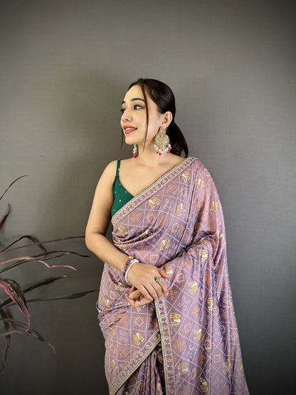 Elora Lavender Vichitra Silk Animal Motifs Foil Print Sequence Embroidery Work Bandhani Saree