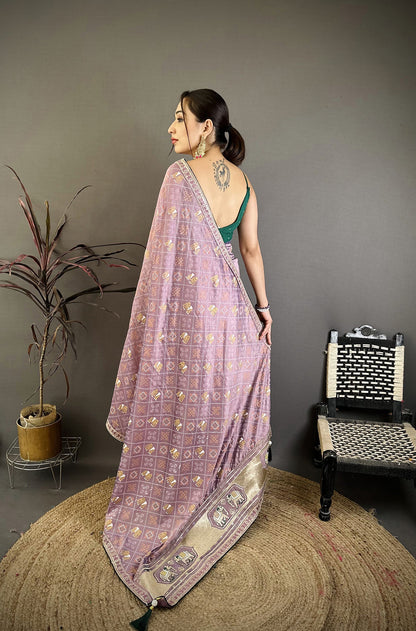 Elora Lavender Vichitra Silk Animal Motifs Foil Print Sequence Embroidery Work Bandhani Saree