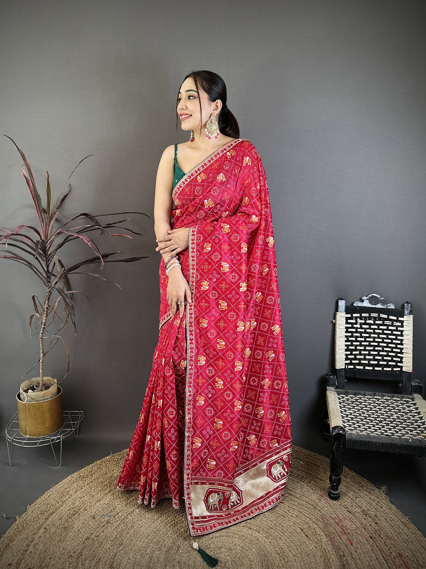 Elora Hot Pink Vichitra Silk Animal Motifs Foil Print Sequence Embroidery Work Bandhani Saree