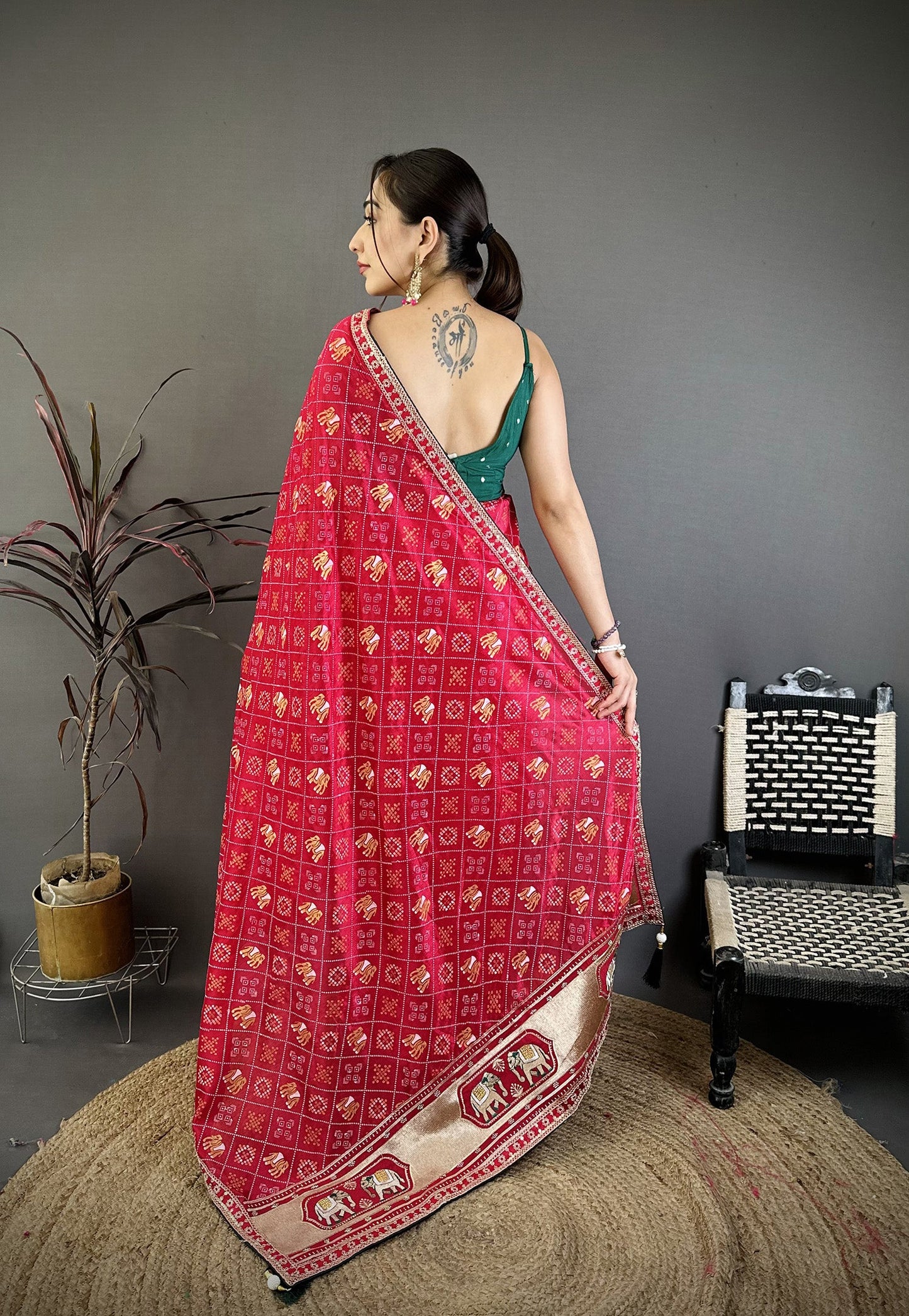 Elora Hot Pink Vichitra Silk Animal Motifs Foil Print Sequence Embroidery Work Bandhani Saree