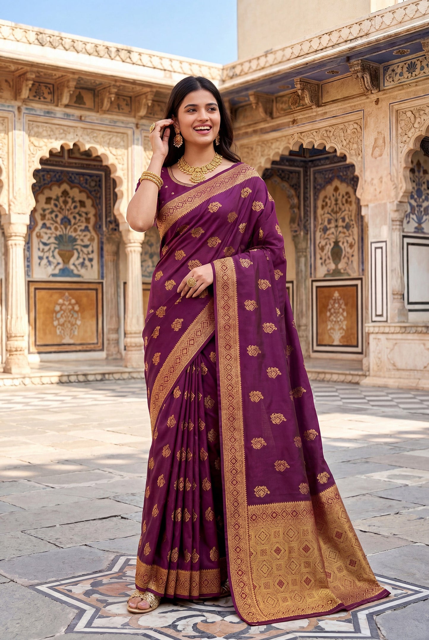 Elora Wine Soft Banarasi Silk Woven Designer Saree
