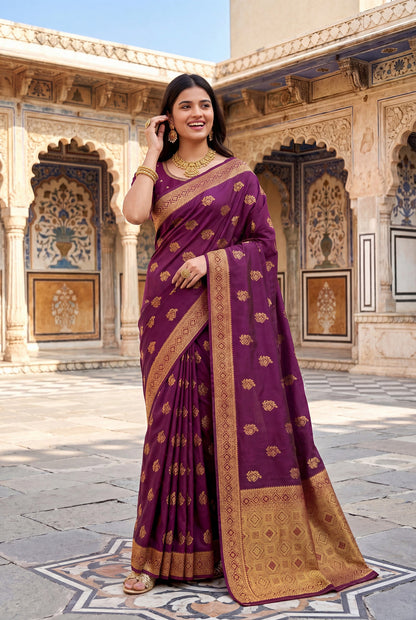 Elora Wine Soft Banarasi Silk Woven Designer Saree