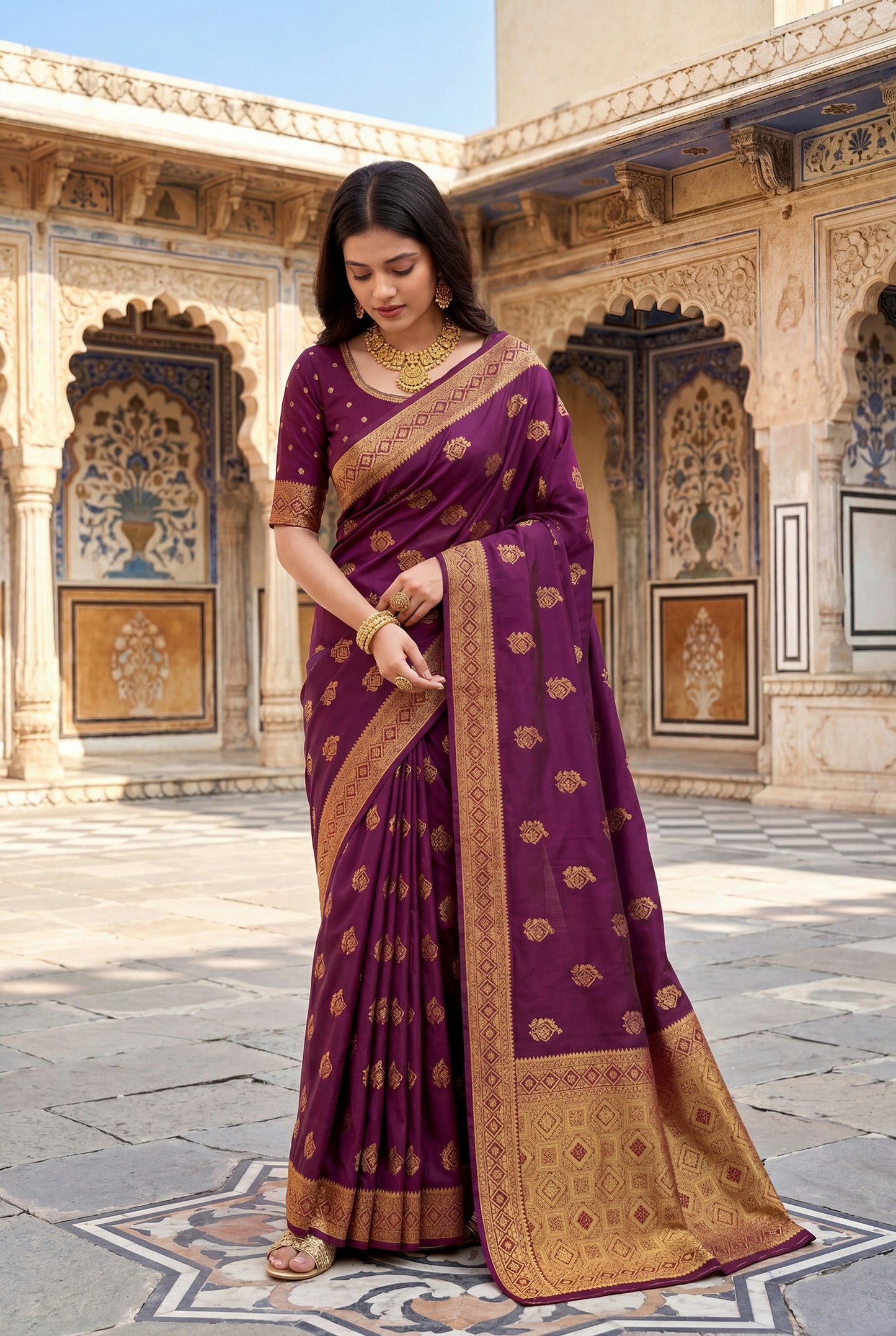 Elora Wine Soft Banarasi Silk Woven Designer Saree