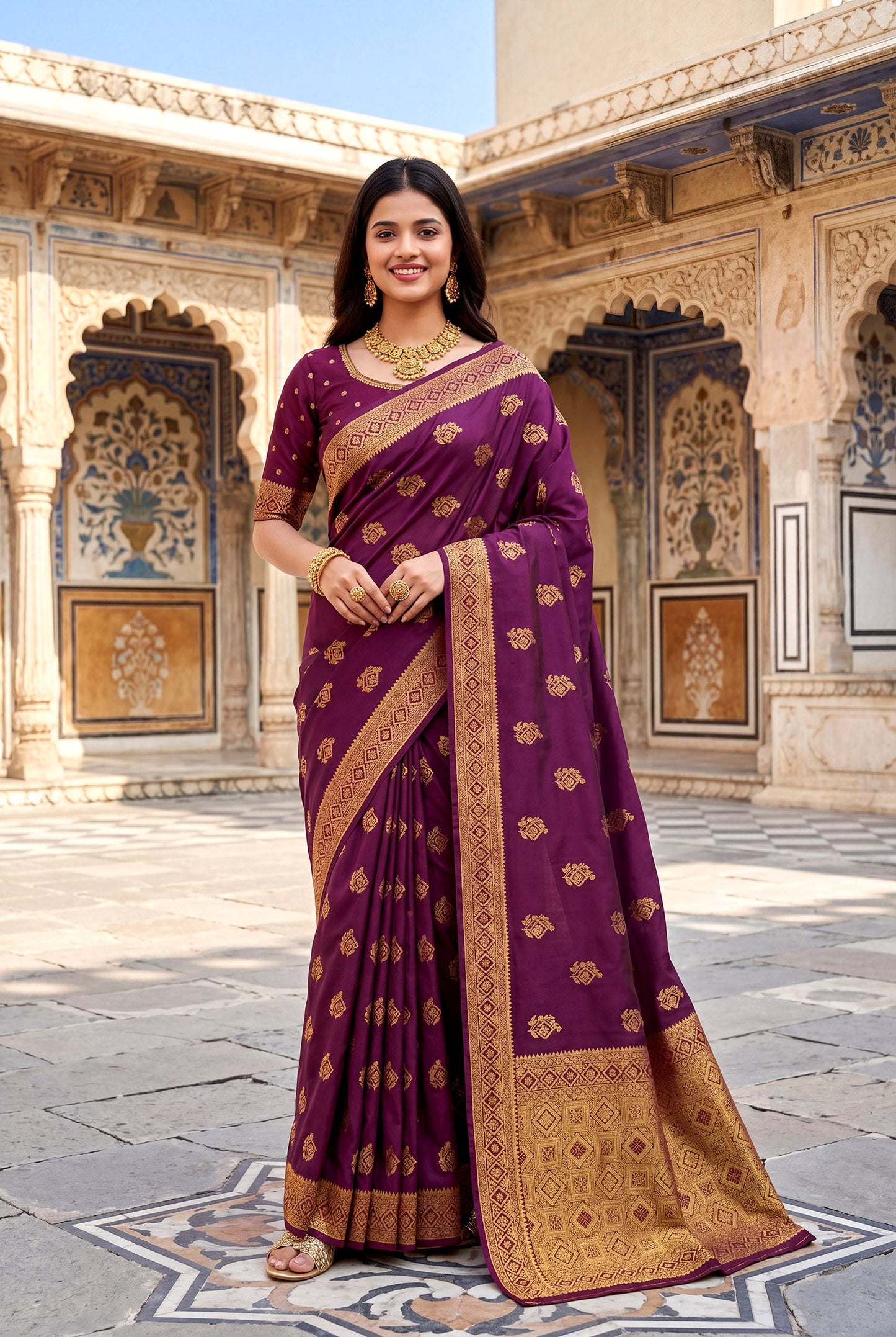Elora Wine Soft Banarasi Silk Woven Designer Saree