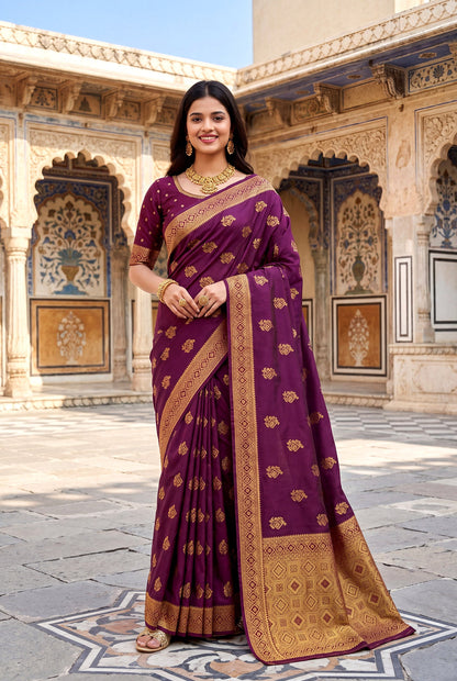 Elora Wine Soft Banarasi Silk Woven Designer Saree