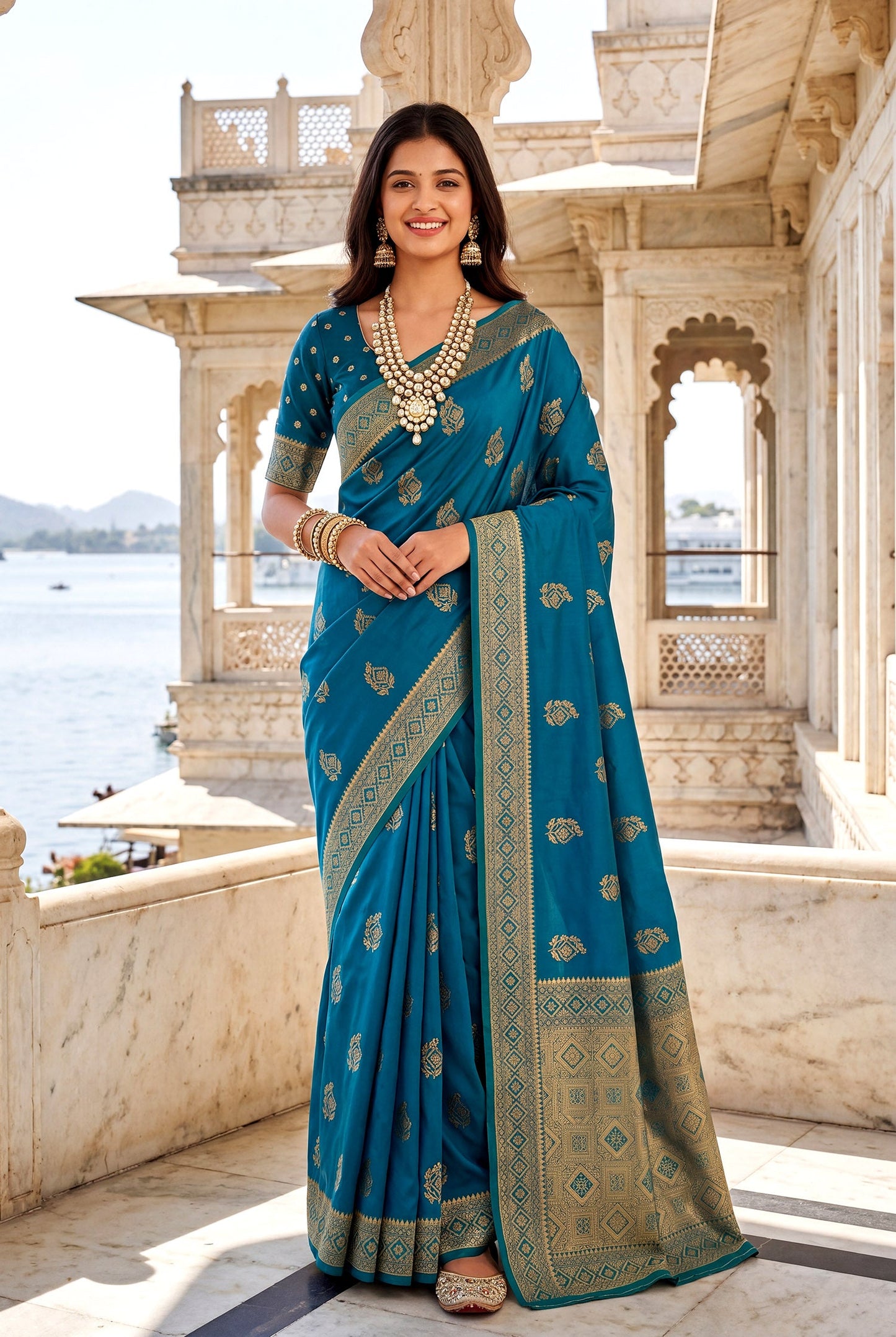 Elora Teal Blue Soft Banarasi Silk Woven Designer Saree