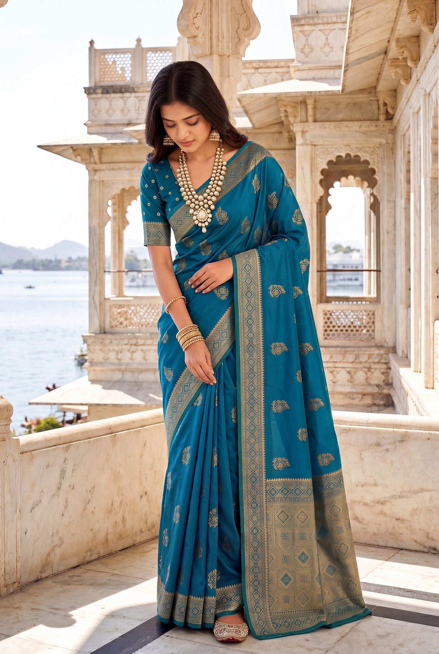 Elora Teal Blue Soft Banarasi Silk Woven Designer Saree