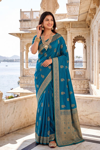Elora Teal Blue Soft Banarasi Silk Woven Designer Saree