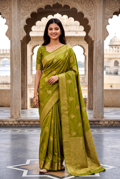 Elora Light Green Soft Banarasi Silk Woven Designer Saree