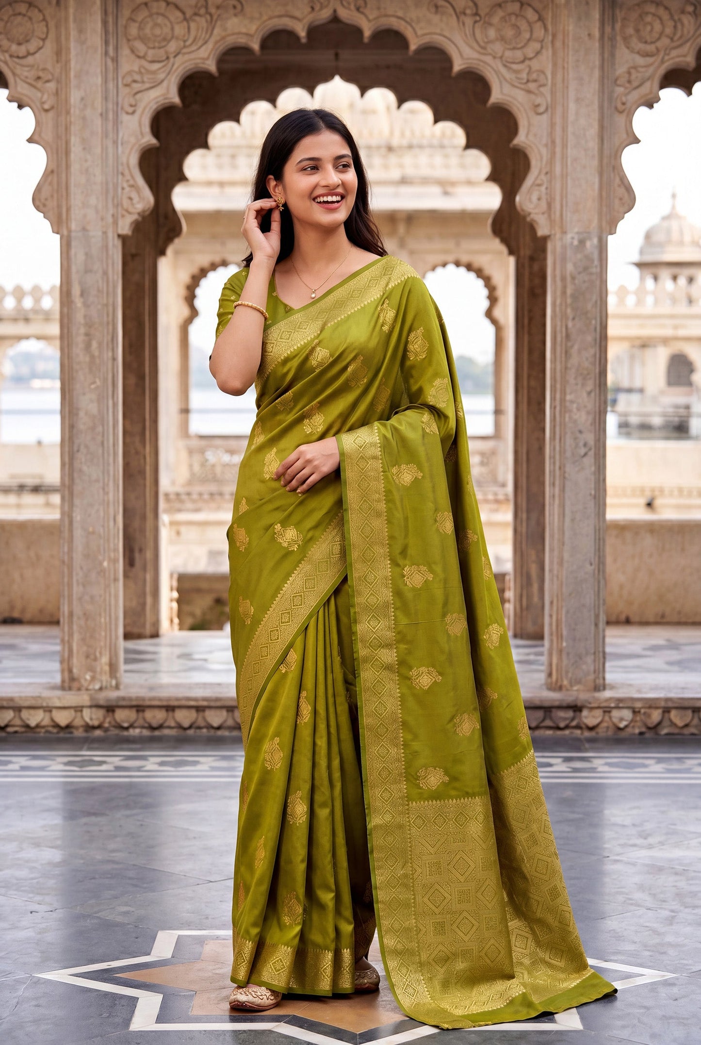 Elora Light Green Soft Banarasi Silk Woven Designer Saree