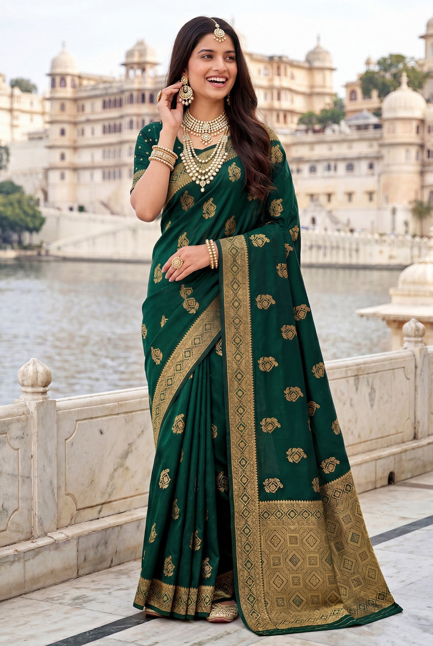 Elora Dark Green Soft Banarasi Silk Woven Designer Saree