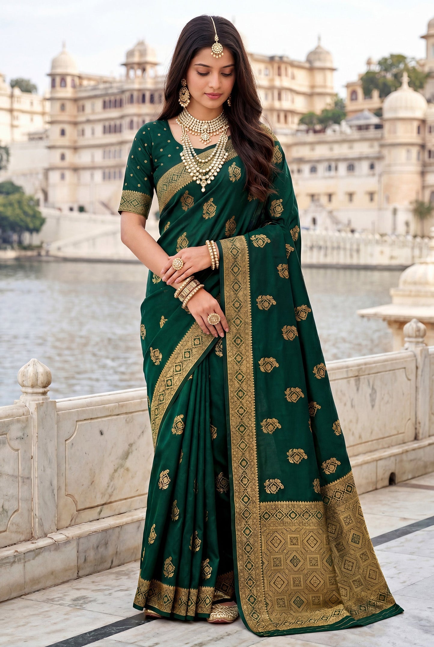 Elora Dark Green Soft Banarasi Silk Woven Designer Saree