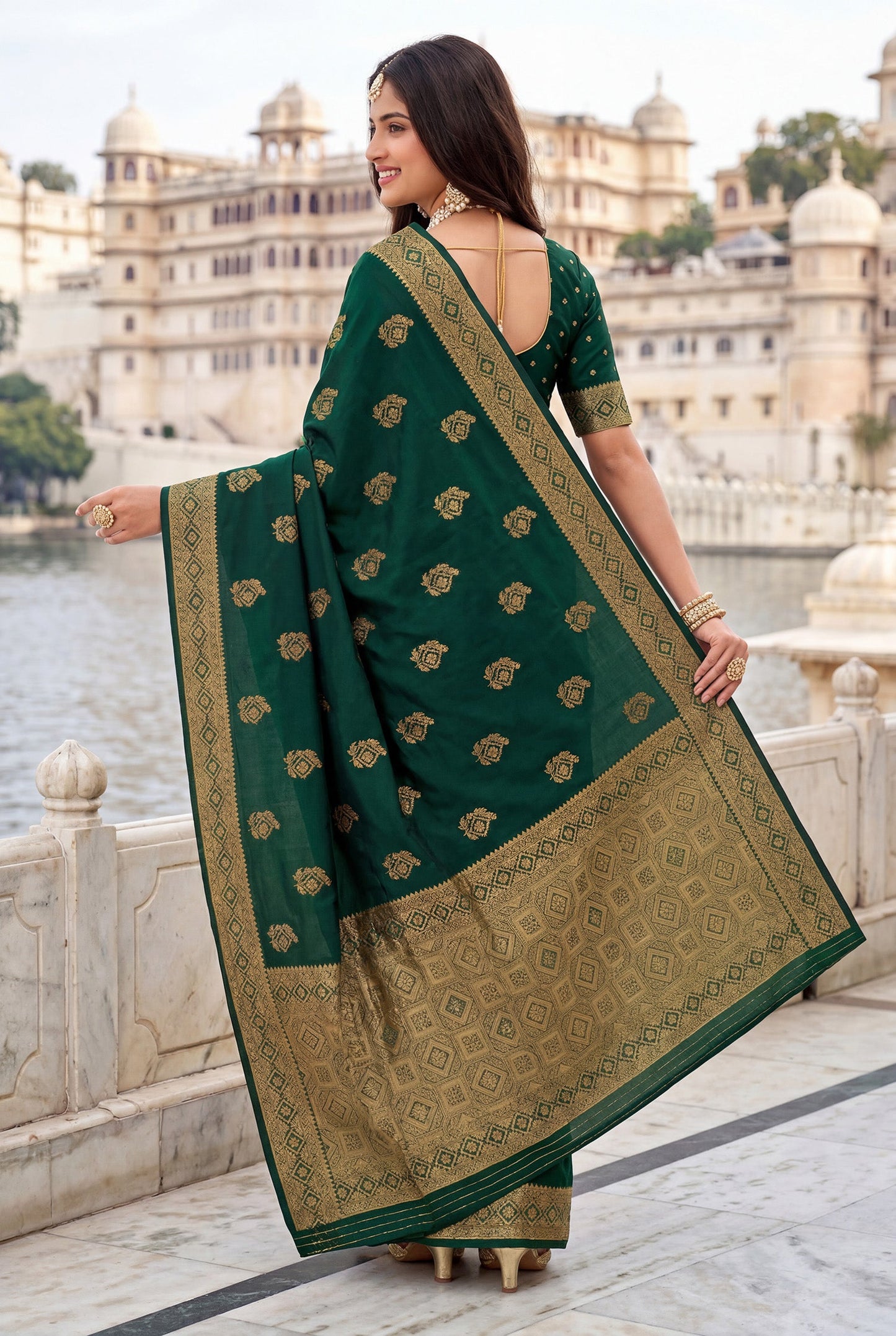 Elora Dark Green Soft Banarasi Silk Woven Designer Saree
