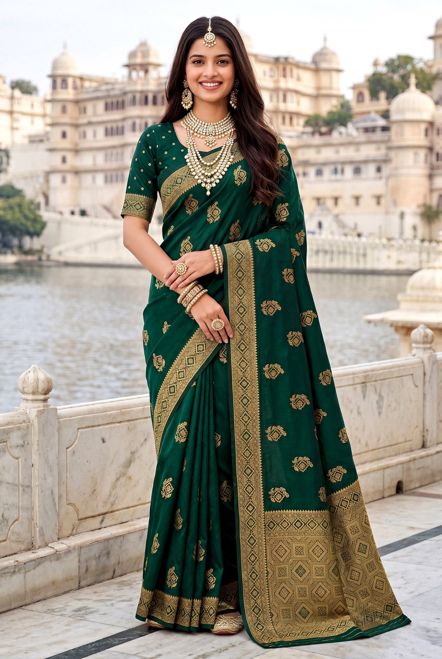Elora Dark Green Soft Banarasi Silk Woven Designer Saree