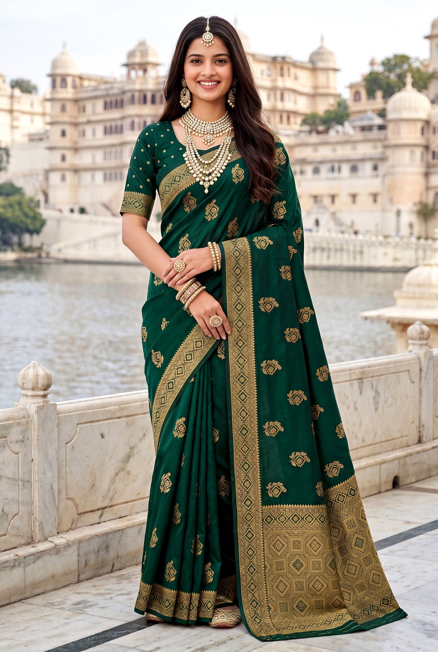 Elora Dark Green Soft Banarasi Silk Woven Designer Saree
