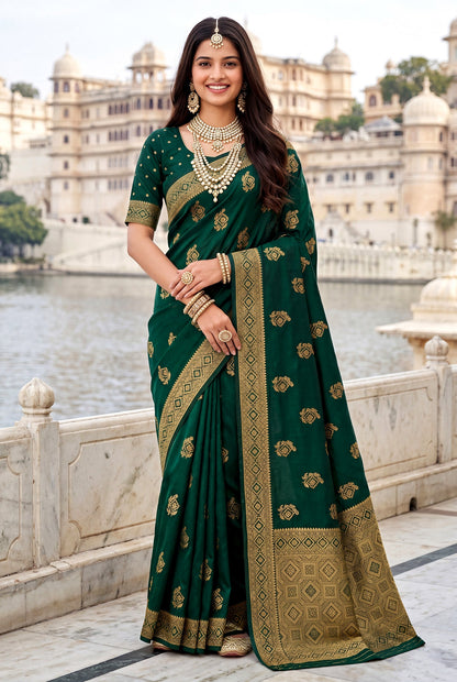 Elora Dark Green Soft Banarasi Silk Woven Designer Saree