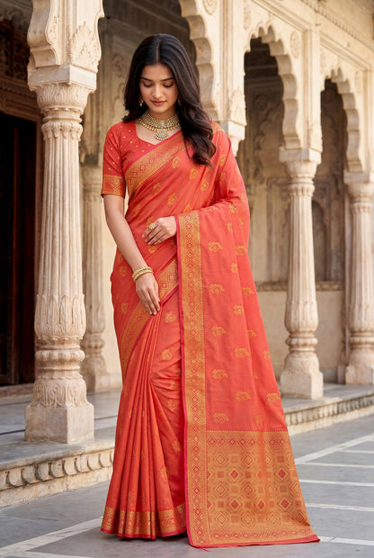 Elora Peach Soft Banarasi Silk Woven Designer Saree