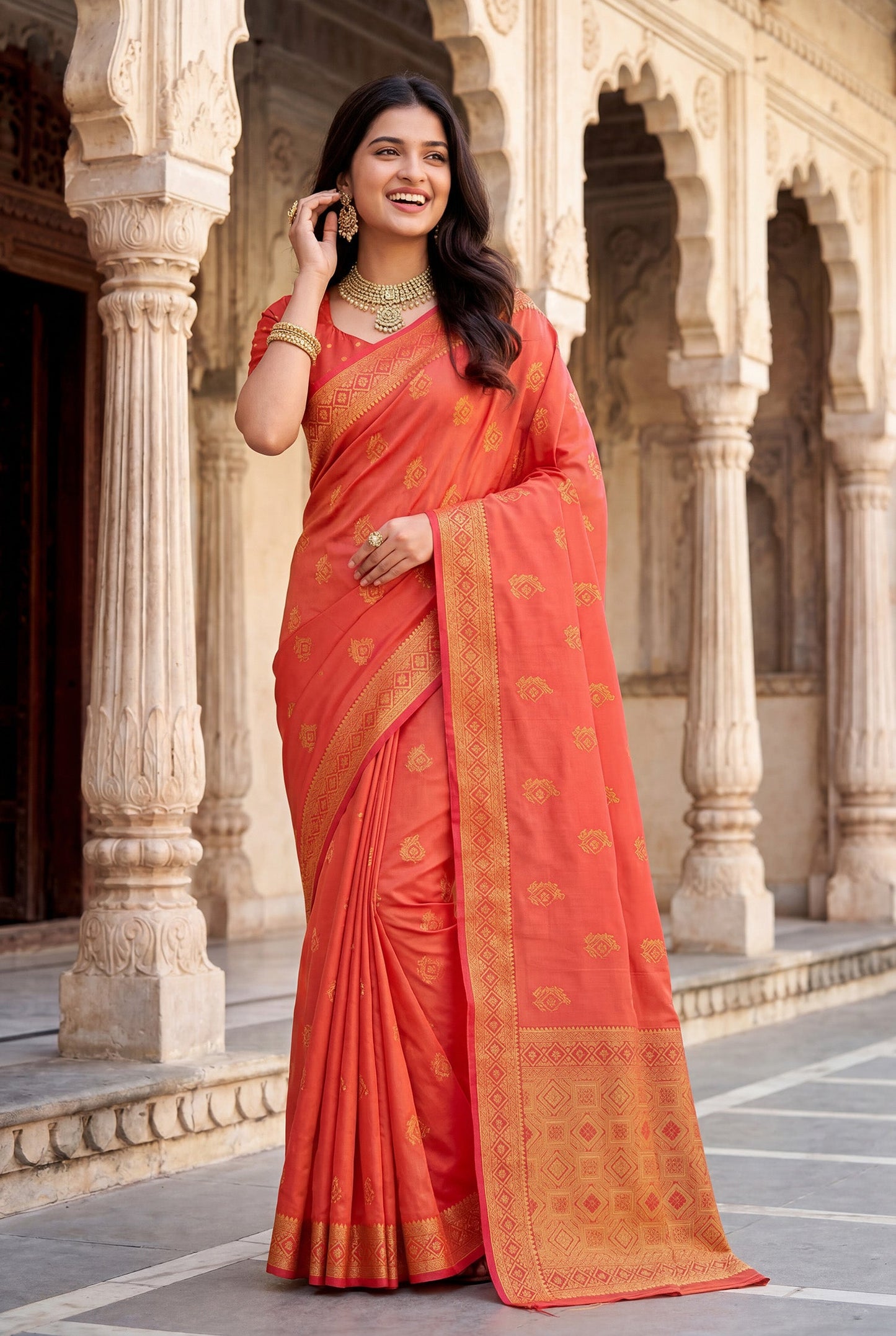 Elora Peach Soft Banarasi Silk Woven Designer Saree