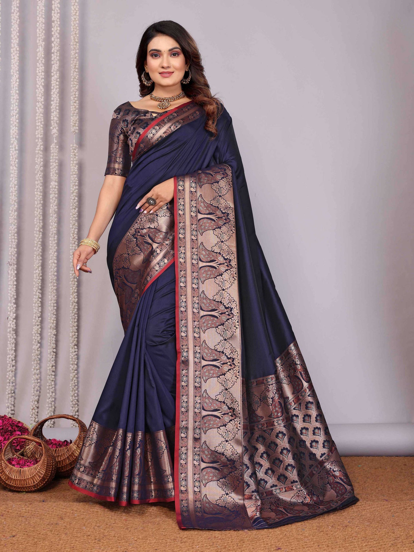 Elora Navy Blue Soft Silk Plain Banarasi With Peacock Zari Jacquard Weaving Border Saree