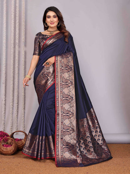 Elora Navy Blue Soft Silk Plain Banarasi With Peacock Zari Jacquard Weaving Border Saree
