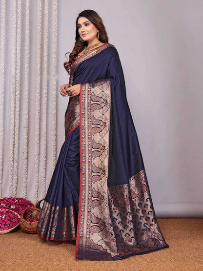 Elora Navy Blue Soft Silk Plain Banarasi With Peacock Zari Jacquard Weaving Border Saree