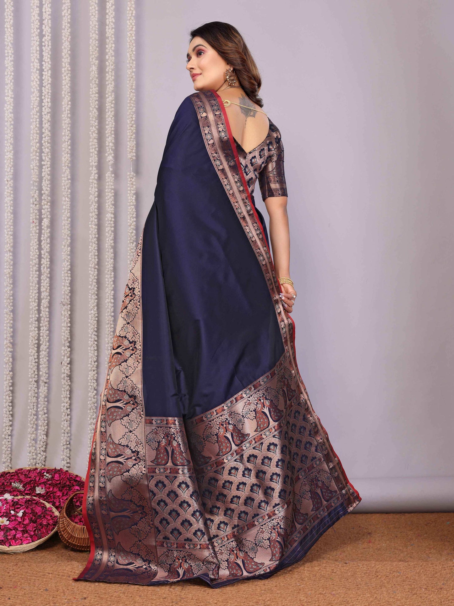Elora Navy Blue Soft Silk Plain Banarasi With Peacock Zari Jacquard Weaving Border Saree