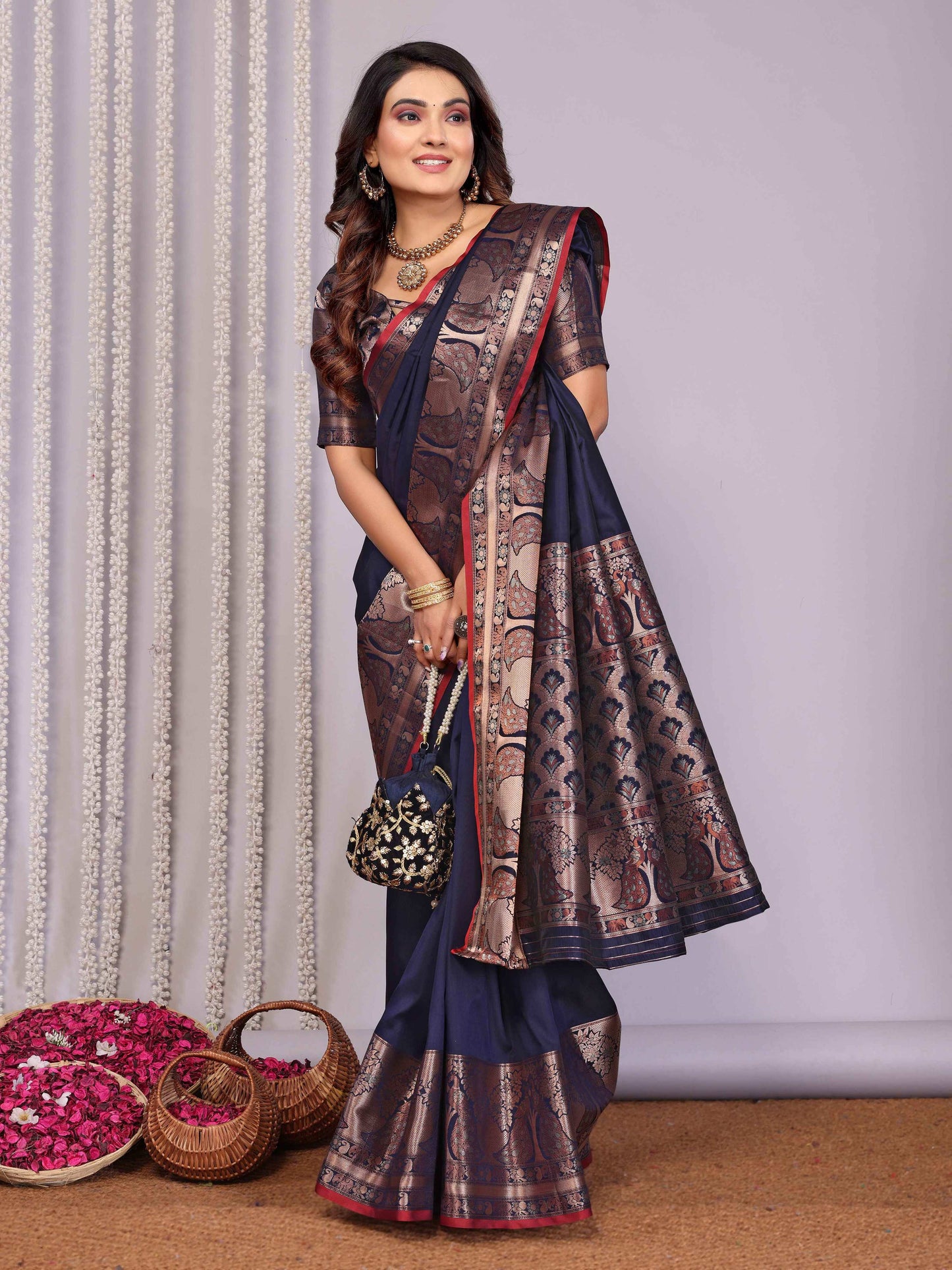 Elora Navy Blue Soft Silk Plain Banarasi With Peacock Zari Jacquard Weaving Border Saree