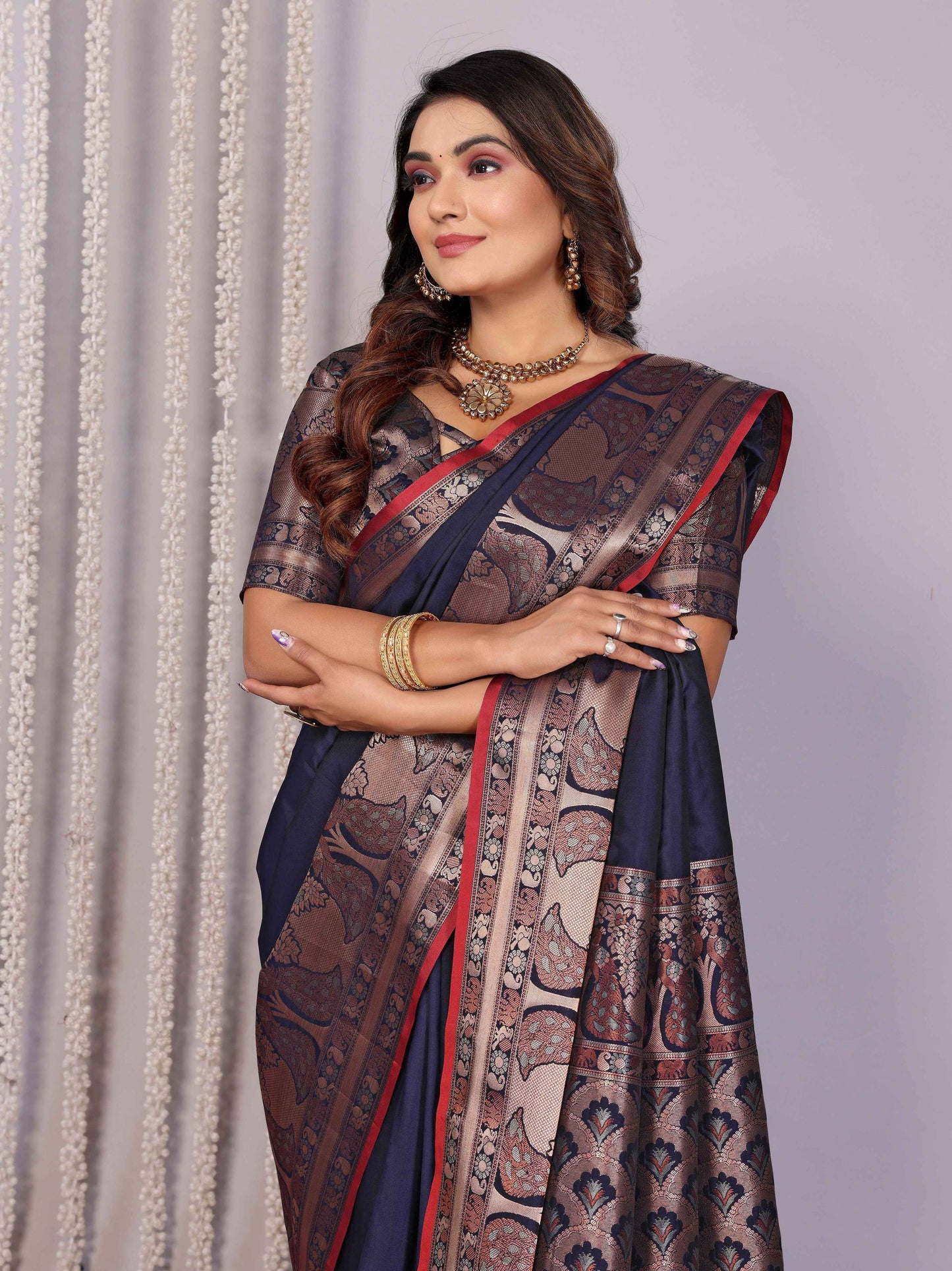 Elora Navy Blue Soft Silk Plain Banarasi With Peacock Zari Jacquard Weaving Border Saree