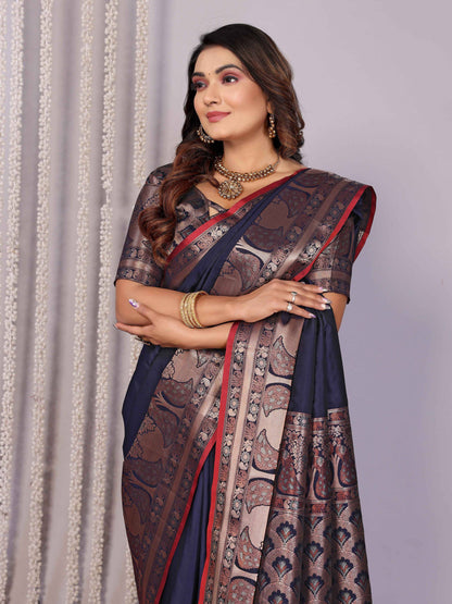 Elora Navy Blue Soft Silk Plain Banarasi With Peacock Zari Jacquard Weaving Border Saree