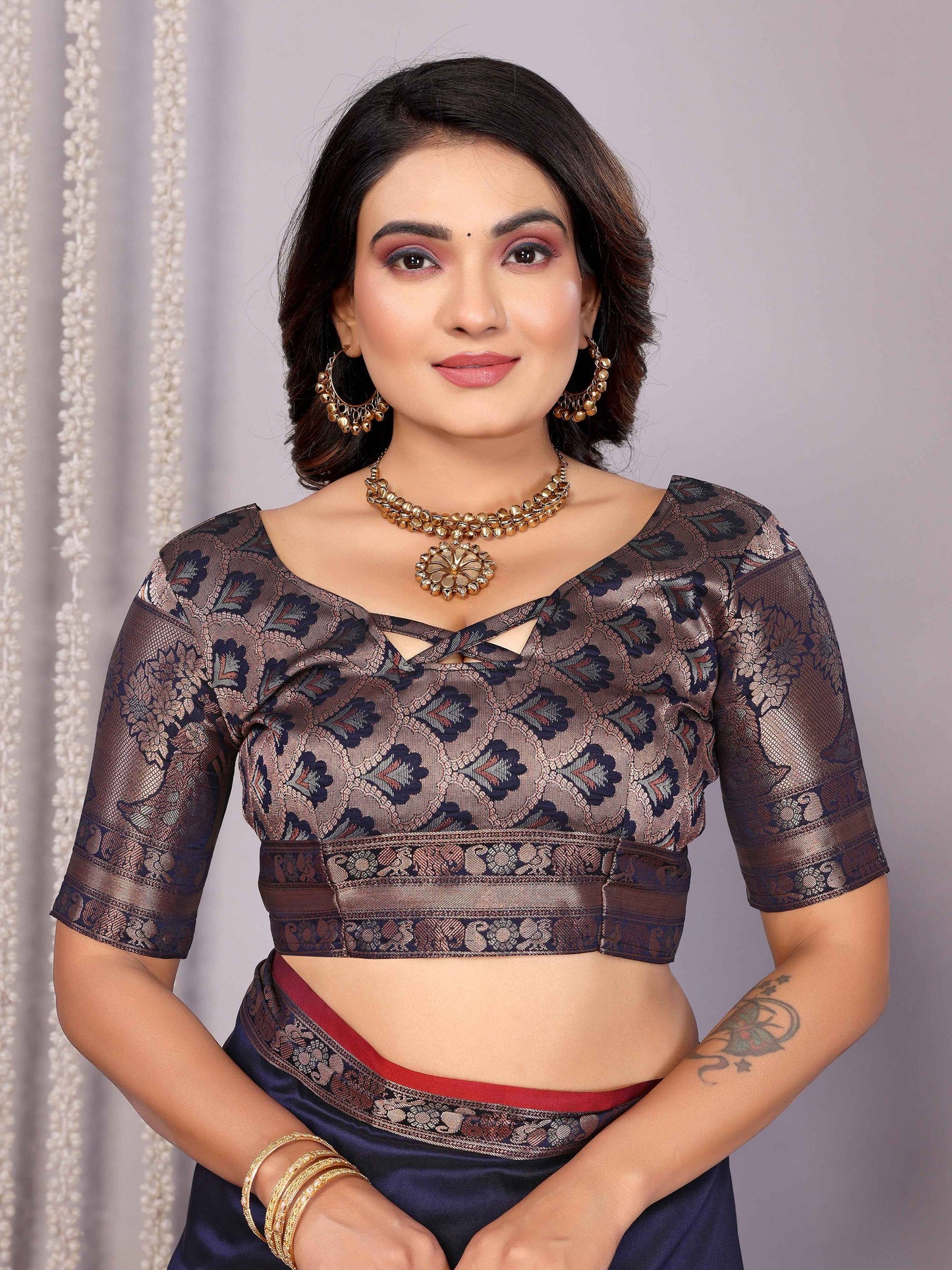 Elora Navy Blue Soft Silk Plain Banarasi With Peacock Zari Jacquard Weaving Border Saree