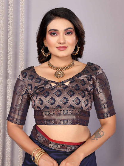 Elora Navy Blue Soft Silk Plain Banarasi With Peacock Zari Jacquard Weaving Border Saree