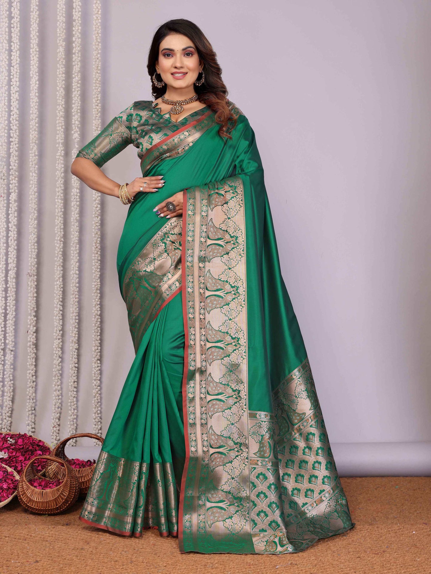Elora Green Soft Silk Plain Banarasi With Peacock Zari Jacquard Weaving Border Saree